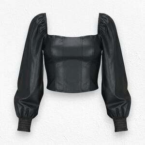 7FAM Black Faux Leather Puff Sleeve Square Neck Corset Crop Top Size XS